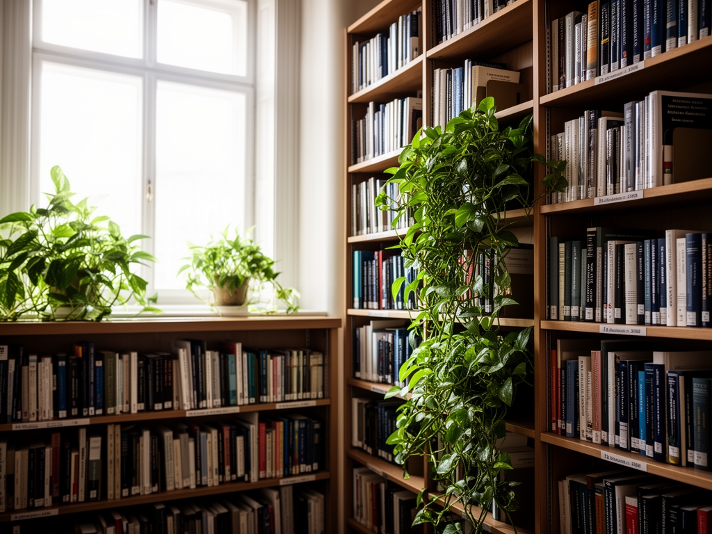 Bibliothèque organisée avec des livres scientifiques alignés, des plantes vertes entre les rayonnages et une lumière naturelle traversant une grande fenêtre, créant une atmosphère studieuse et sérieuse propice à la recherche académique
