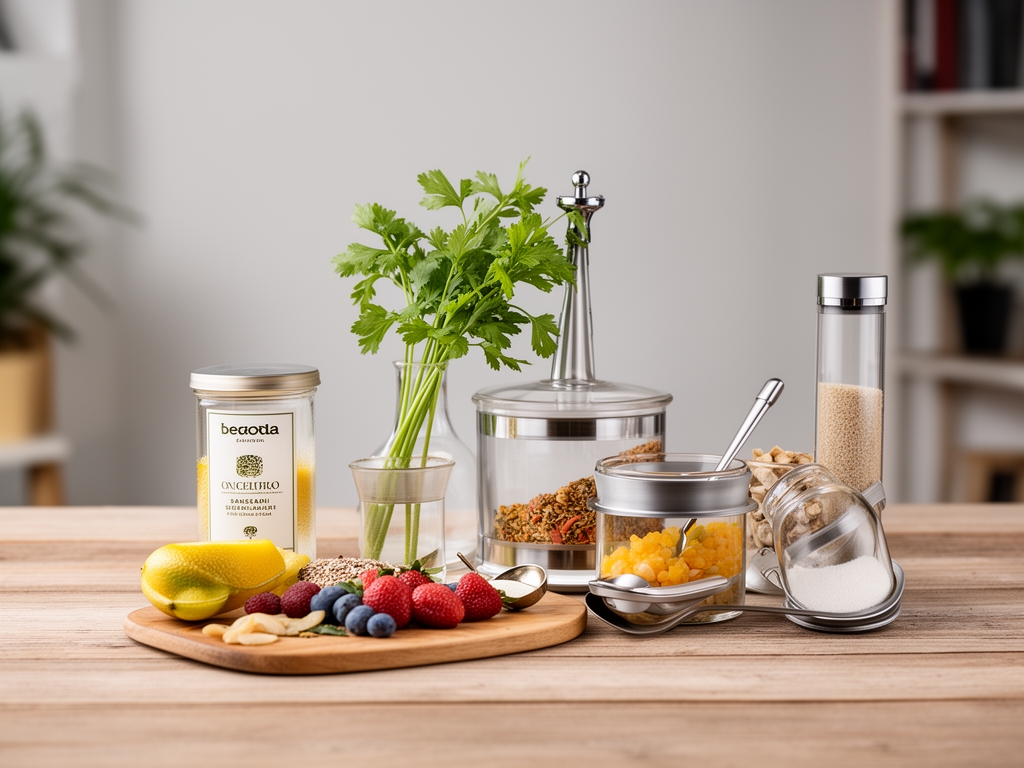 Disposition soignée d'ingrédients botaniques naturels incluant des extraits de plantes, des poudres de racines et des huiles essentielles dans de petits récipients en verre transparent sur une surface en marbre blanc