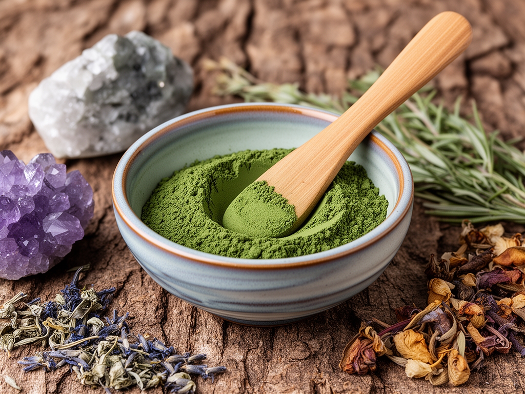 Argile naturelle pure de couleur verdâtre disposée dans un bol en céramique artisanale avec une spatule en bois, entourée de minéraux et de plantes séchées sur une surface naturelle texturée