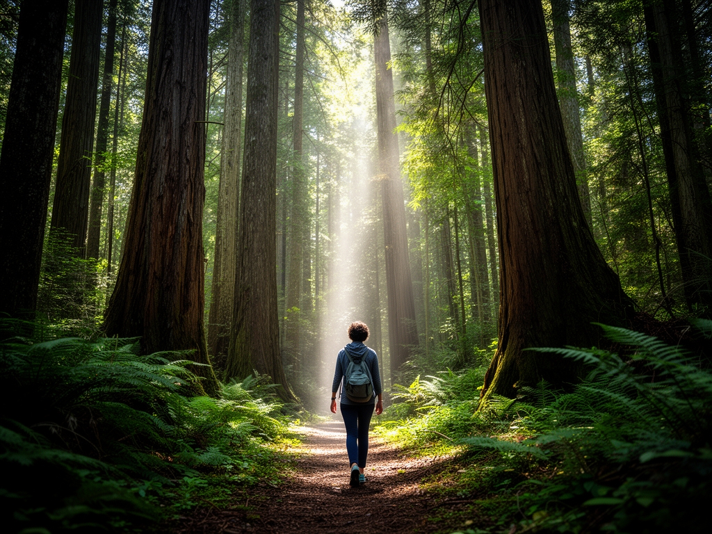 Personne marchant lentement dans une forêt dense et luxuriante avec des rayons de lumière filtrant entre les grands arbres, pratiquant le bain de forêt japonais shinrin-yoku dans une atmosphère mystérieuse et régénératrice