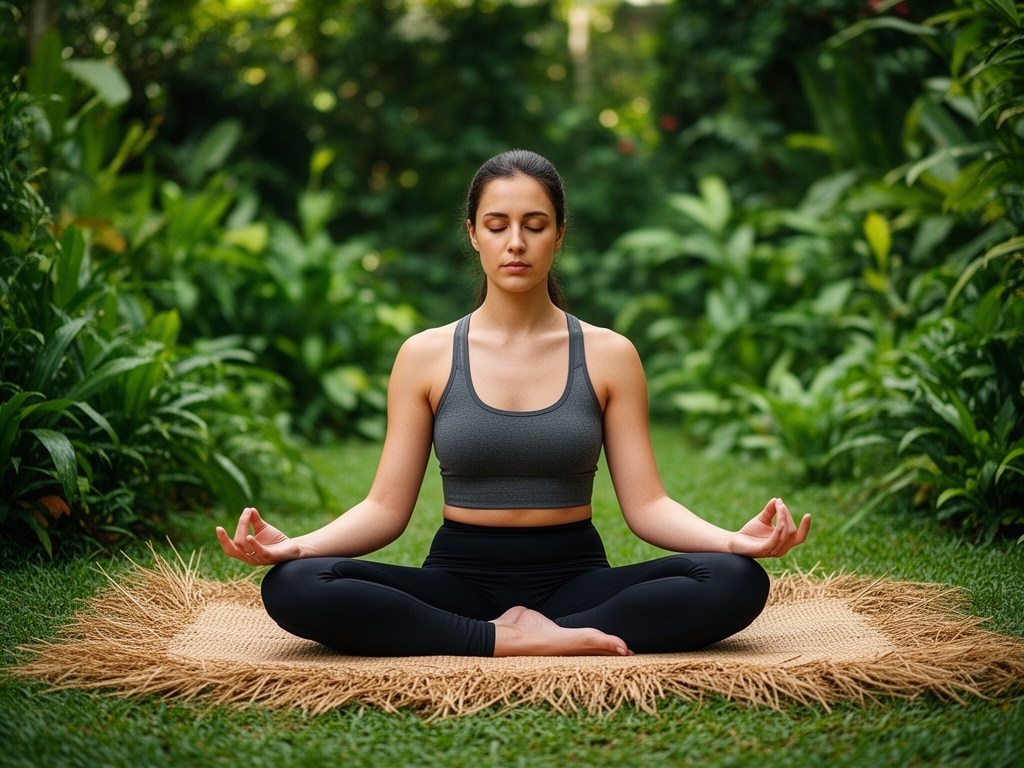 Personne assise en posture de méditation sur un tapis naturel dans un espace verdoyant extérieur entouré d'arbres, avec une lumière filtrée douce créant une atmosphère paisible