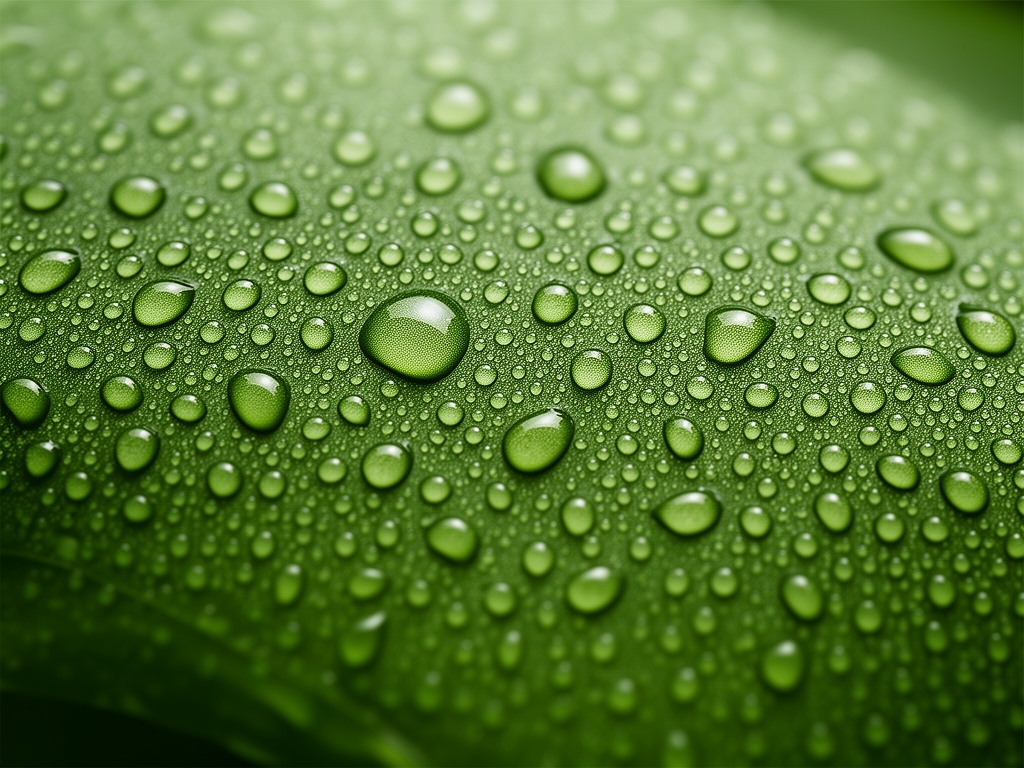 Gouttes d'eau cristallines posées sur des feuilles de plantes vertes brillantes avec des reflets lumineux naturels, évoquant la fraîcheur et l'hydratation pure